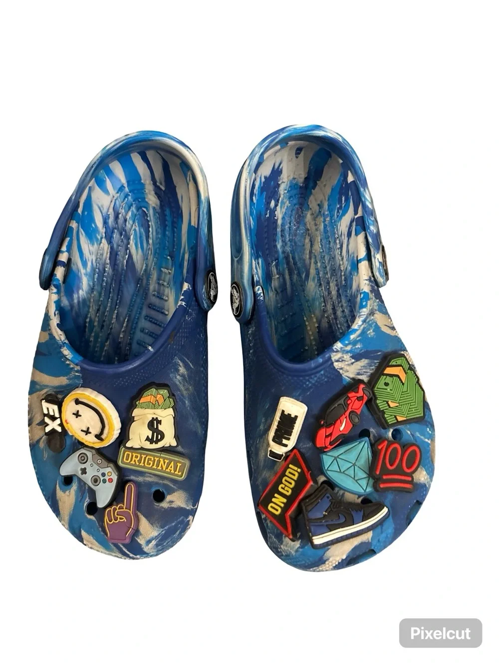 CROCS Kids Blue & White Swirl Clogs with 12 Fun Jibbitz Charms Size 2